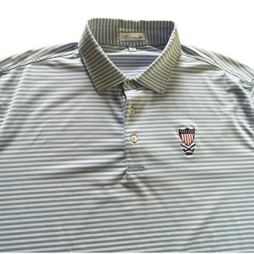 Peter Millar USGA 1894 Polo Shirt Crest Spandex Blend Striped Blue Large Men